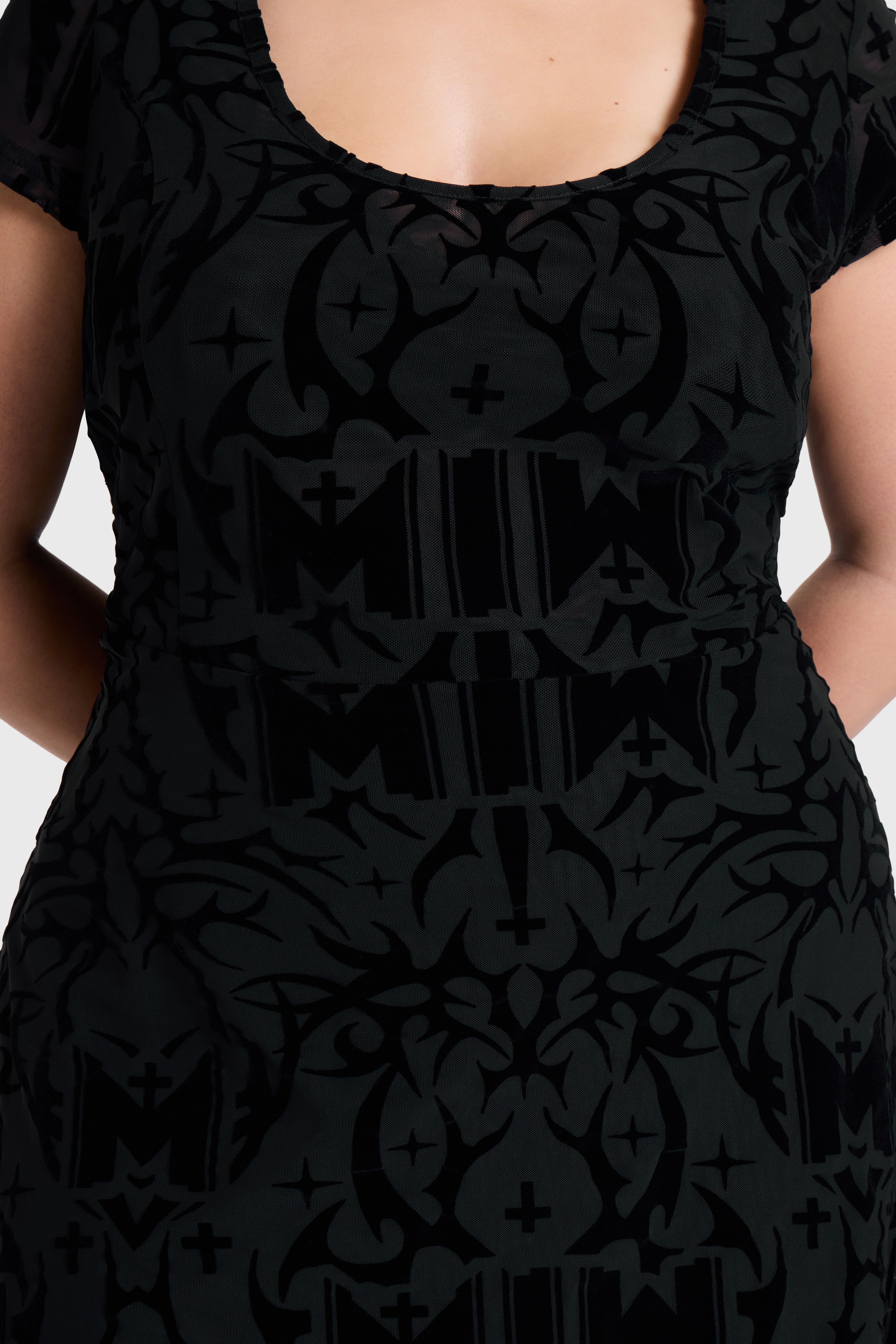 ETERNALLY YOURS FLOCKED MESH SKATER DRESS